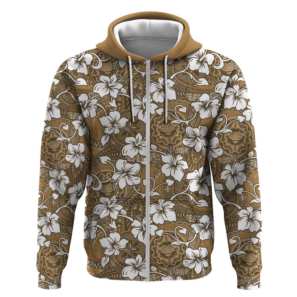 Kuvui Bula Fiji Hoodie Fijian Tapa Seamless Hibiscus LT14 Zip Hoodie Brown - Polynesian Pride