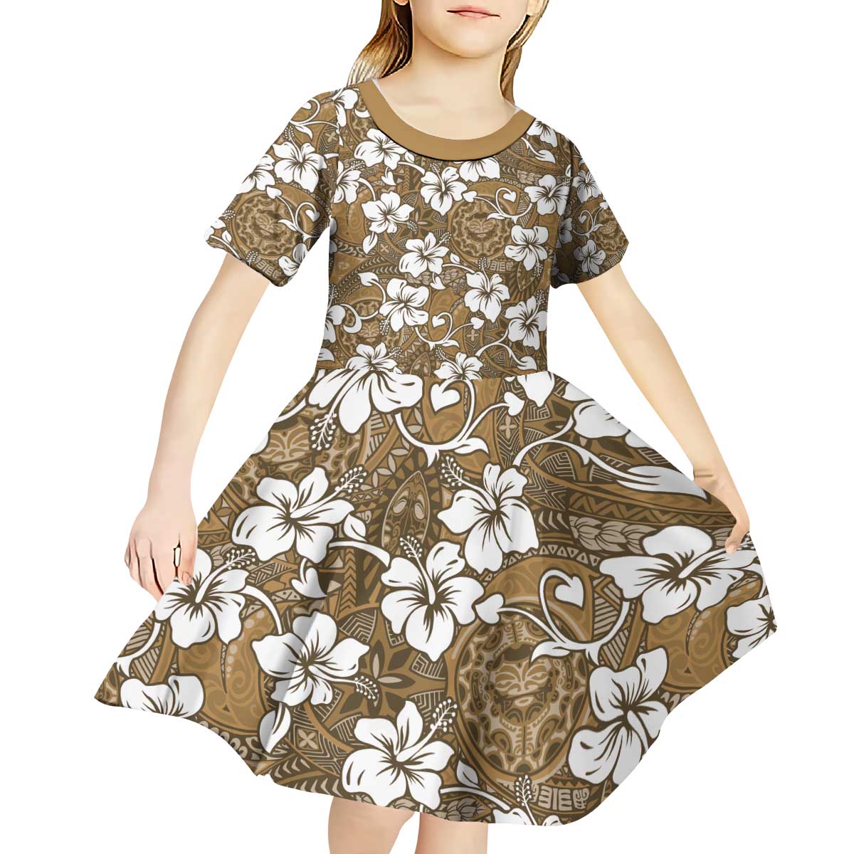 Kuvui Bula Fiji Kid Short Sleeve Dress Fijian Tapa Seamless Hibiscus LT14 - Polynesian Pride