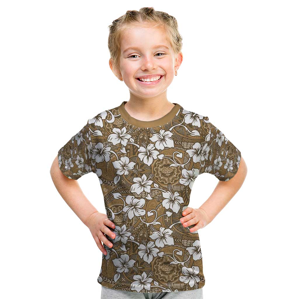 Kuvui Bula Fiji Kid T Shirt Fijian Tapa Seamless Hibiscus LT14 Brown - Polynesian Pride