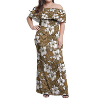 Kuvui Bula Fiji Off Shoulder Maxi Dress Fijian Tapa Seamless Hibiscus LT14 Women Brown - Polynesian Pride