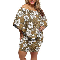 Kuvui Bula Fiji Off Shoulder Short Dress Fijian Tapa Seamless Hibiscus LT14 Women Brown - Polynesian Pride