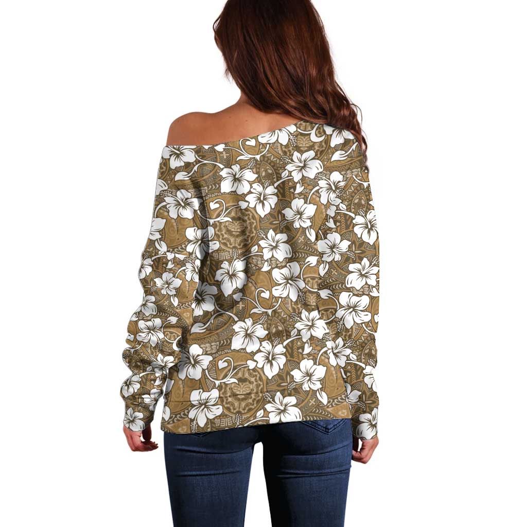 Kuvui Bula Fiji Off Shoulder Sweater Fijian Tapa Seamless Hibiscus - Polynesian Pride