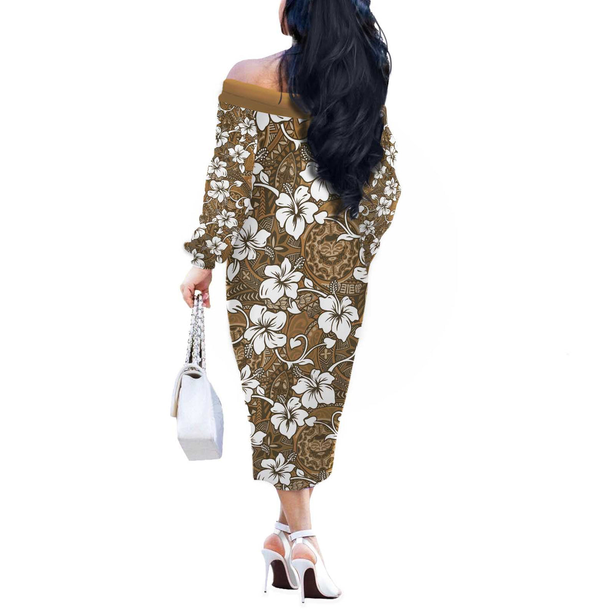 Kuvui Bula Fiji Off The Shoulder Long Sleeve Dress Fijian Tapa Seamless Hibiscus LT14 - Polynesian Pride