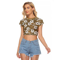 Kuvui Bula Fiji Raglan Cropped T Shirt Fijian Tapa Seamless Hibiscus LT14 Female Brown - Polynesian Pride