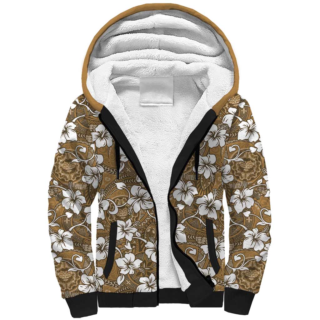 Kuvui Bula Fiji Sherpa Hoodie Fijian Tapa Seamless Hibiscus LT14 Unisex Brown - Polynesian Pride
