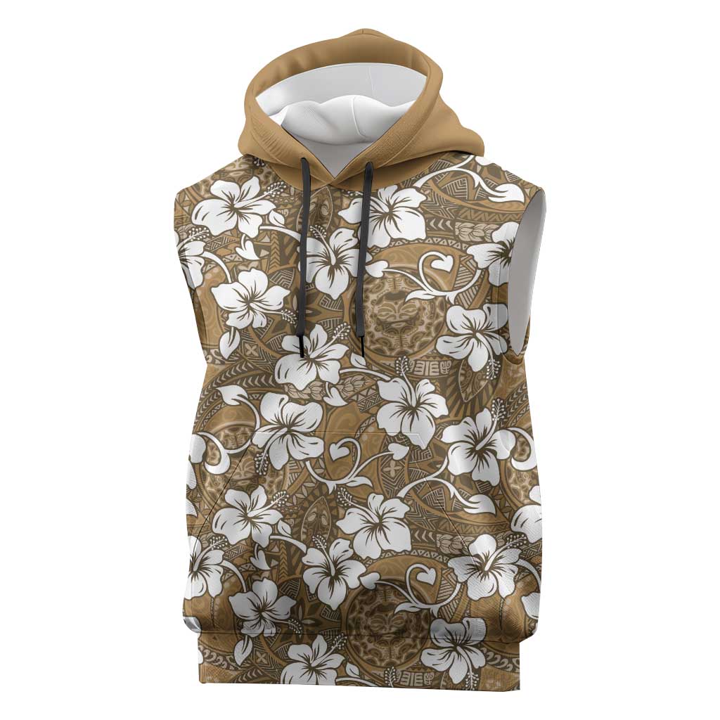 Kuvui Bula Fiji Sleeveless Hoodie Fijian Tapa Seamless Hibiscus LT14 Brown - Polynesian Pride