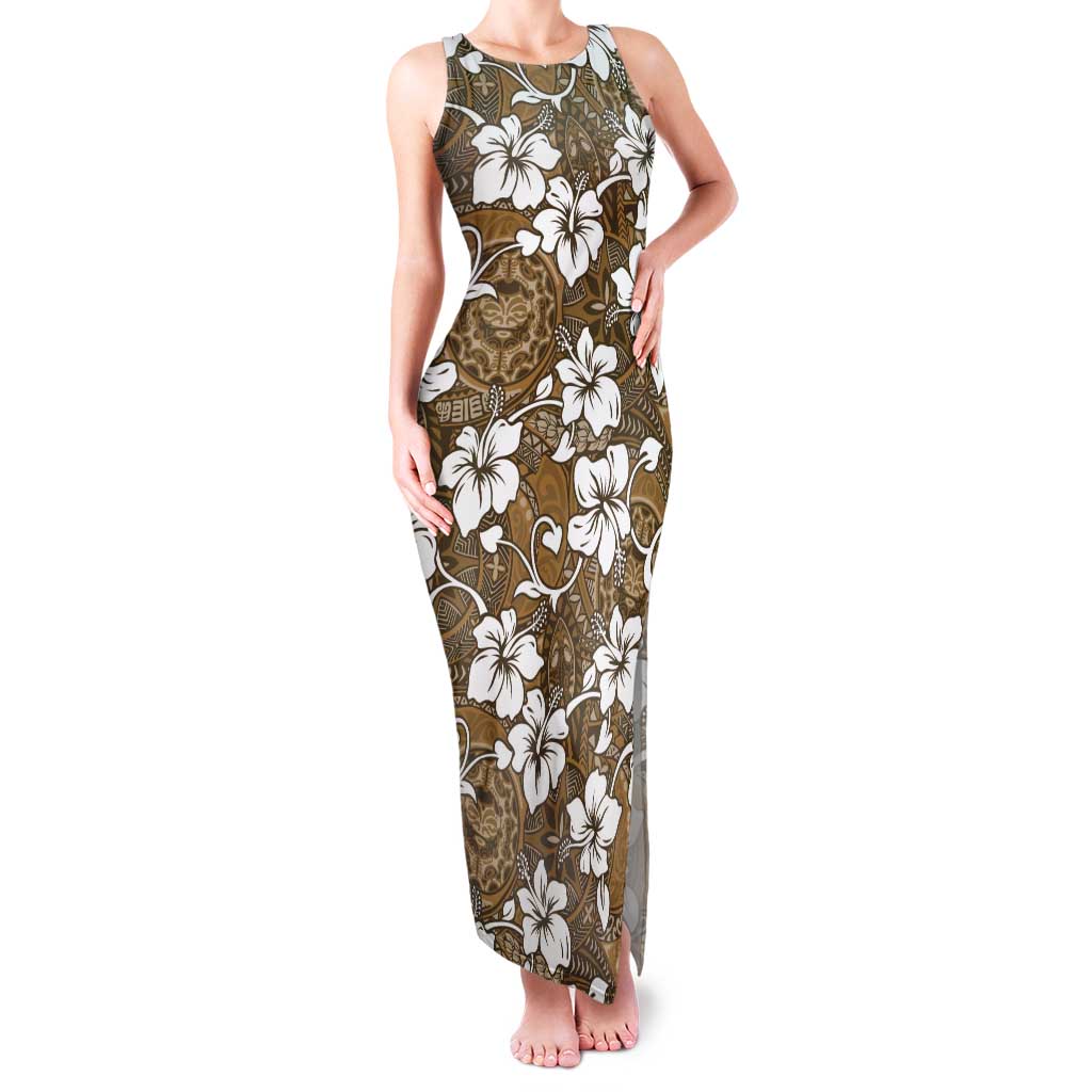 Kuvui Bula Fiji Tank Maxi Dress Fijian Tapa Seamless Hibiscus LT14 Women Brown - Polynesian Pride