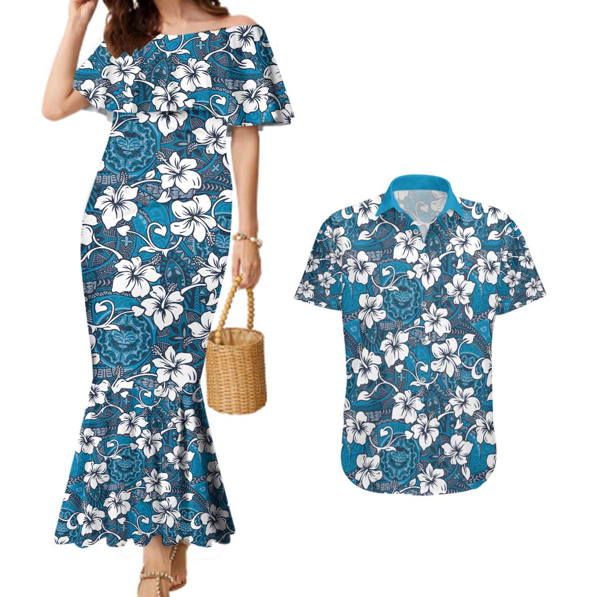 Karakarawa Bula Fiji Couples Matching Mermaid Dress and Hawaiian Shirt Fijian Tapa Seamless Hibiscus - Polynesian Pride