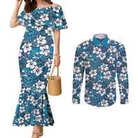 Karakarawa Bula Fiji Couples Matching Mermaid Dress and Long Sleeve Button Shirt Fijian Tapa Seamless Hibiscus LT14 Blue - Polynesian Pride