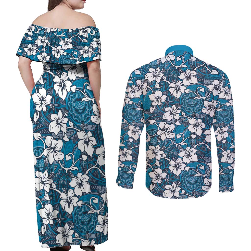 Karakarawa Bula Fiji Couples Matching Off Shoulder Maxi Dress and Long Sleeve Button Shirt Fijian Tapa Seamless Hibiscus LT14 - Polynesian Pride