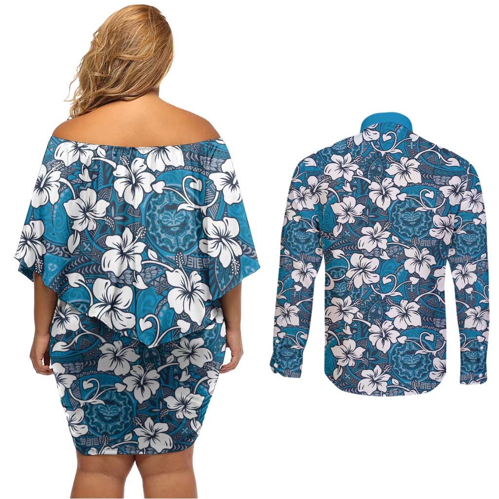 Karakarawa Bula Fiji Couples Matching Off Shoulder Short Dress and Long Sleeve Button Shirt Fijian Tapa Seamless Hibiscus LT14 - Polynesian Pride