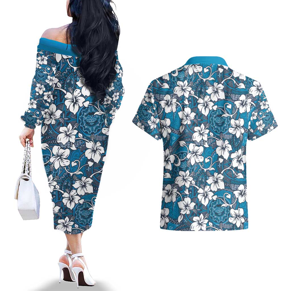 Karakarawa Bula Fiji Couples Matching Off The Shoulder Long Sleeve Dress and Hawaiian Shirt Fijian Tapa Seamless Hibiscus LT14 - Polynesian Pride
