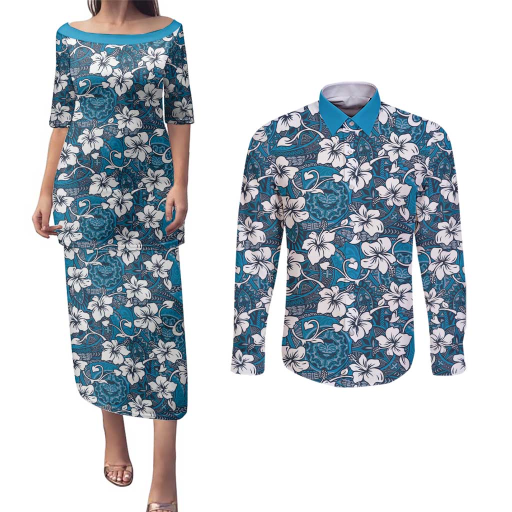 Karakarawa Bula Fiji Couples Matching Puletasi and Long Sleeve Button Shirt Fijian Tapa Seamless Hibiscus - Polynesian Pride