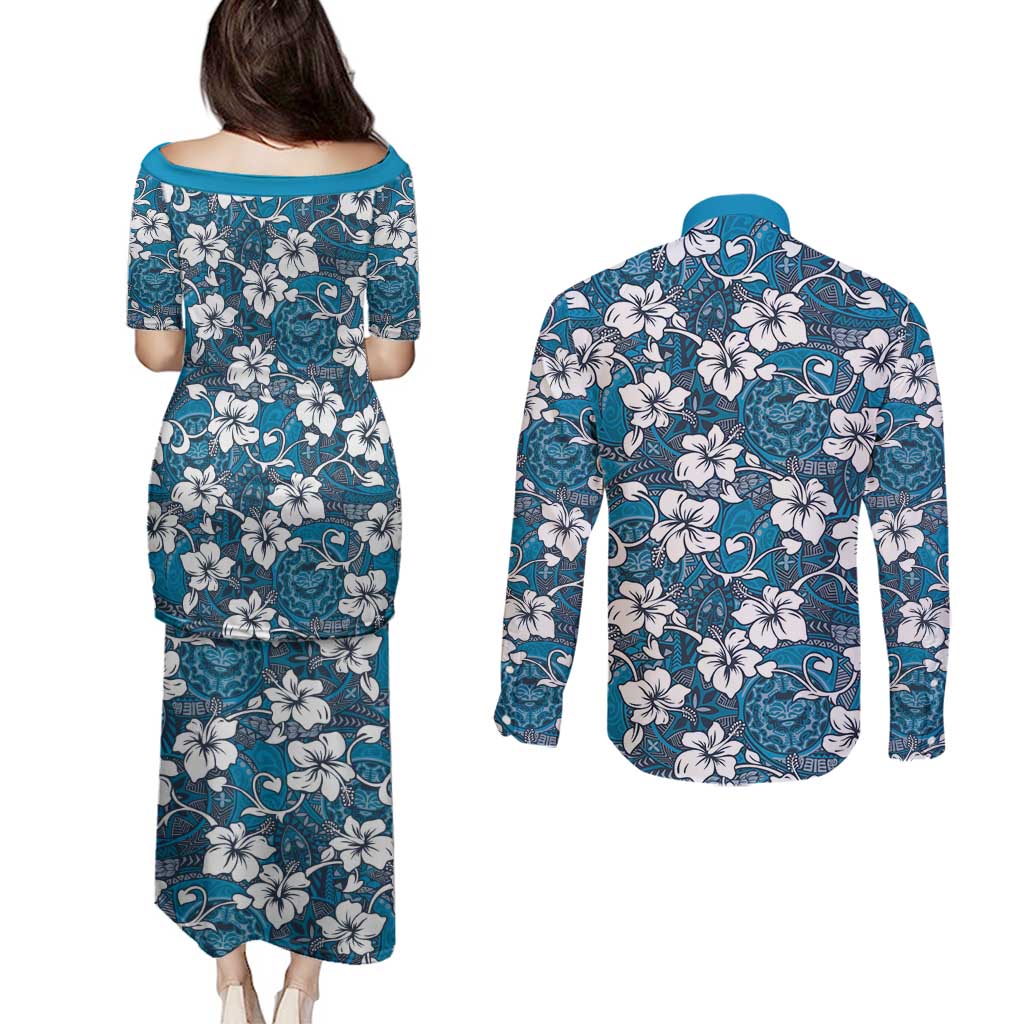 Karakarawa Bula Fiji Couples Matching Puletasi and Long Sleeve Button Shirt Fijian Tapa Seamless Hibiscus LT14 - Polynesian Pride