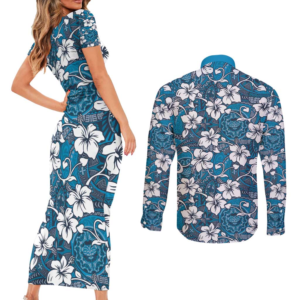 Karakarawa Bula Fiji Couples Matching Short Sleeve Bodycon Dress and Long Sleeve Button Shirt Fijian Tapa Seamless Hibiscus LT14 - Polynesian Pride