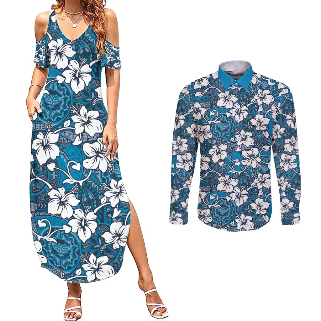 Karakarawa Bula Fiji Couples Matching Summer Maxi Dress and Long Sleeve Button Shirt Fijian Tapa Seamless Hibiscus - Polynesian Pride