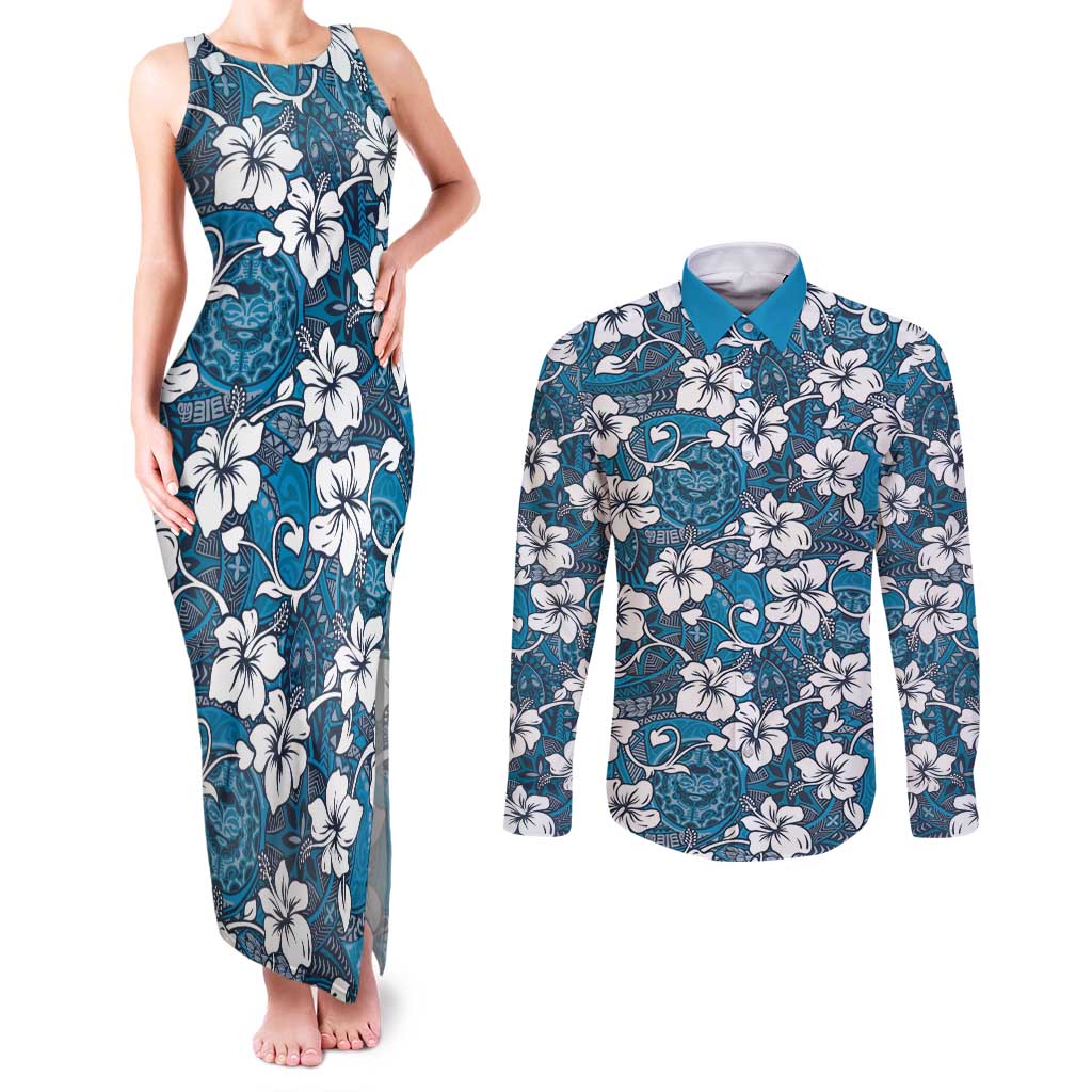 Karakarawa Bula Fiji Couples Matching Tank Maxi Dress and Long Sleeve Button Shirt Fijian Tapa Seamless Hibiscus LT14 Blue - Polynesian Pride