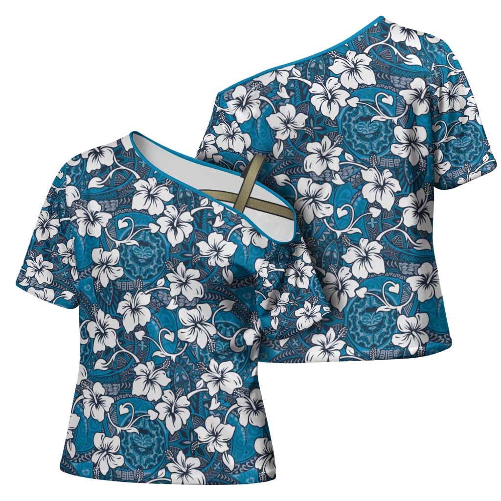 Karakarawa Bula Fiji Cross Shoulder Shirt Fijian Tapa Seamless Hibiscus LT14 - Polynesian Pride