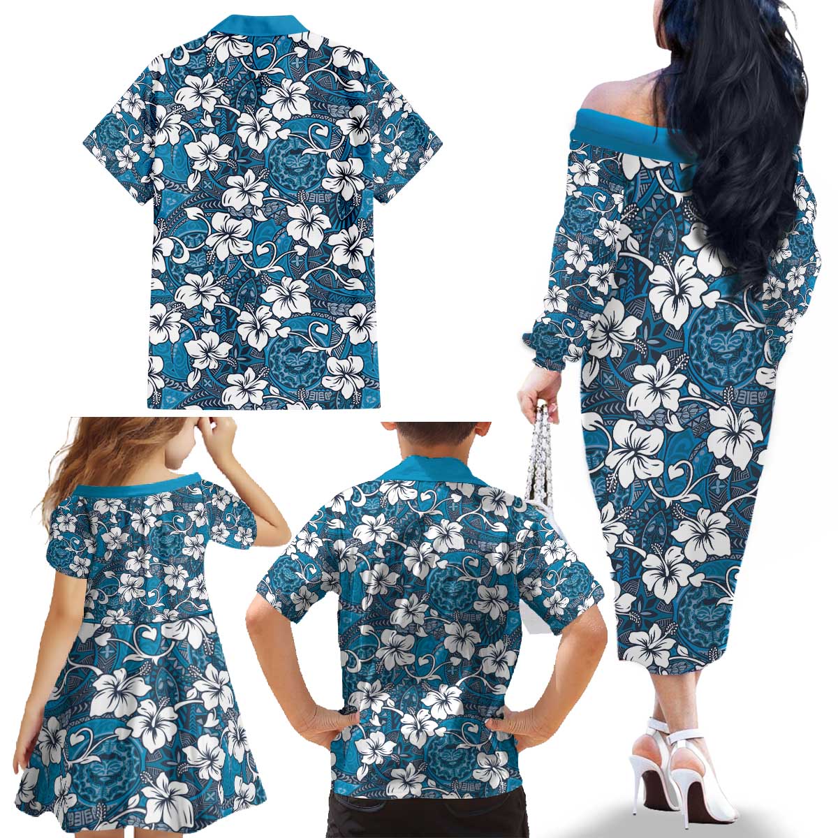 Karakarawa Bula Fiji Family Matching Off The Shoulder Long Sleeve Dress and Hawaiian Shirt Fijian Tapa Seamless Hibiscus LT14 - Polynesian Pride