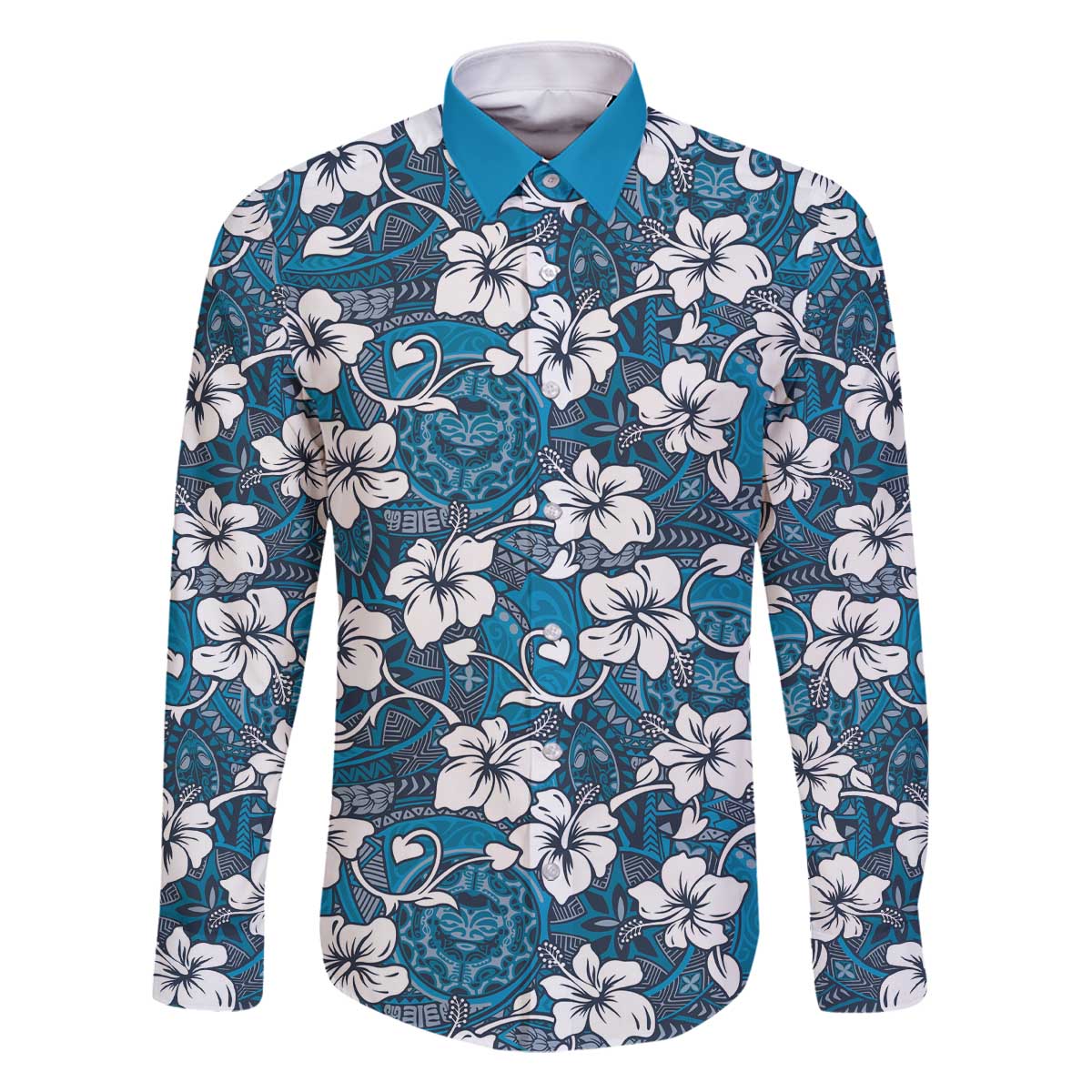 Karakarawa Bula Fiji Family Matching Off The Shoulder Long Sleeve Dress and Hawaiian Shirt Fijian Tapa Seamless Hibiscus LT14 Dad's Shirt - Long Sleeve Blue - Polynesian Pride