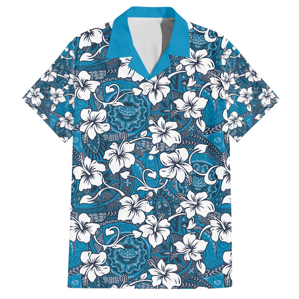 Karakarawa Bula Fiji Family Matching Off Shoulder Maxi Dress and Hawaiian Shirt Fijian Tapa Seamless Hibiscus LT14 Dad's Shirt - Short Sleeve Blue - Polynesian Pride