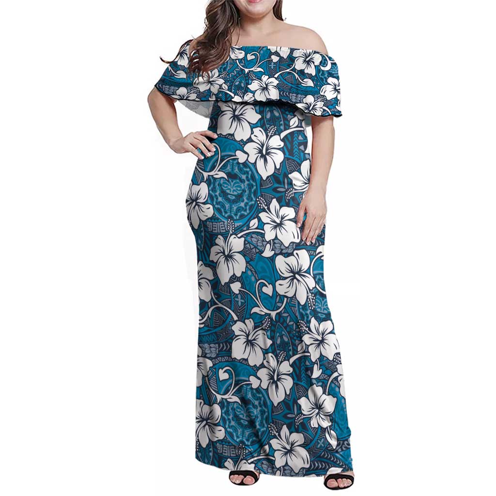 Karakarawa Bula Fiji Family Matching Off Shoulder Maxi Dress and Hawaiian Shirt Fijian Tapa Seamless Hibiscus LT14 Mom's Dress Blue - Polynesian Pride
