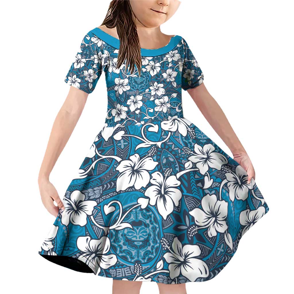 Karakarawa Bula Fiji Family Matching Off Shoulder Short Dress and Hawaiian Shirt Fijian Tapa Seamless Hibiscus LT14 Daughter's Dress Blue - Polynesian Pride