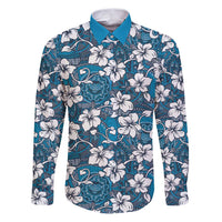 Karakarawa Bula Fiji Family Matching Puletasi and Hawaiian Shirt Fijian Tapa Seamless Hibiscus LT14 Dad's Shirt - Long Sleeve Blue - Polynesian Pride