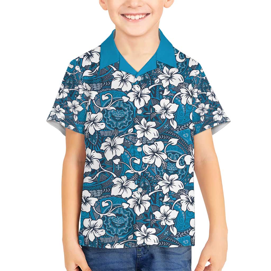 Karakarawa Bula Fiji Family Matching Puletasi and Hawaiian Shirt Fijian Tapa Seamless Hibiscus LT14 Son's Shirt Blue - Polynesian Pride