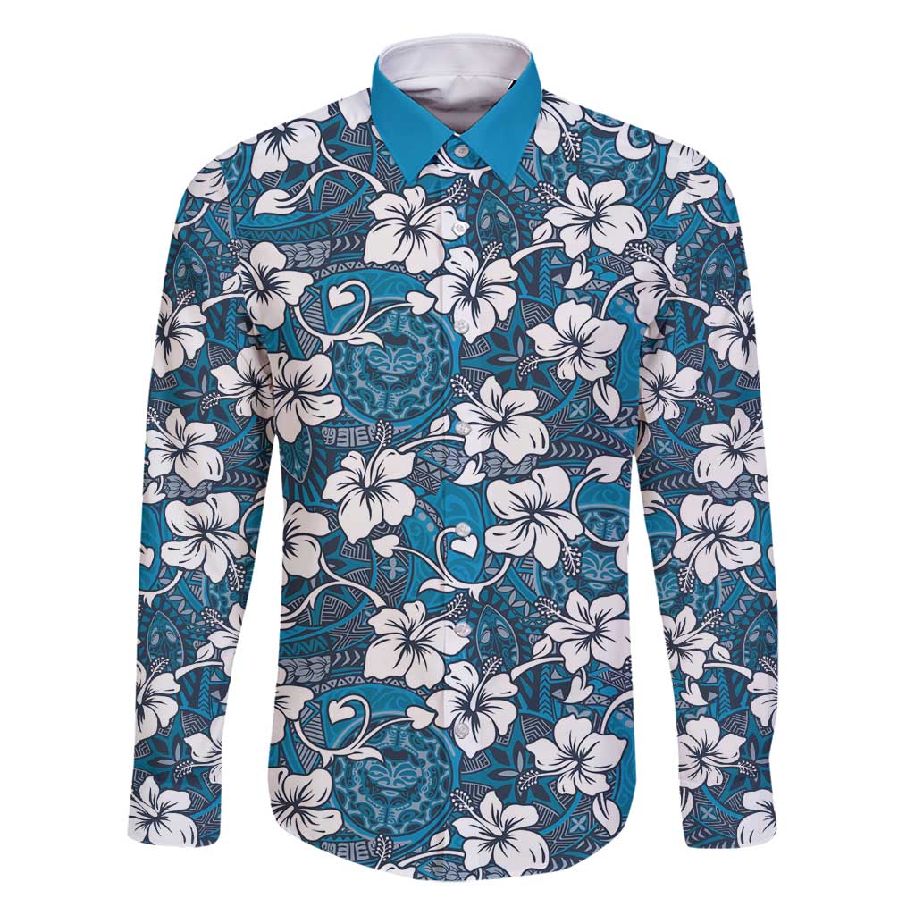 Karakarawa Bula Fiji Family Matching Summer Maxi Dress and Hawaiian Shirt Fijian Tapa Seamless Hibiscus LT14 Dad's Shirt - Long Sleeve Blue - Polynesian Pride