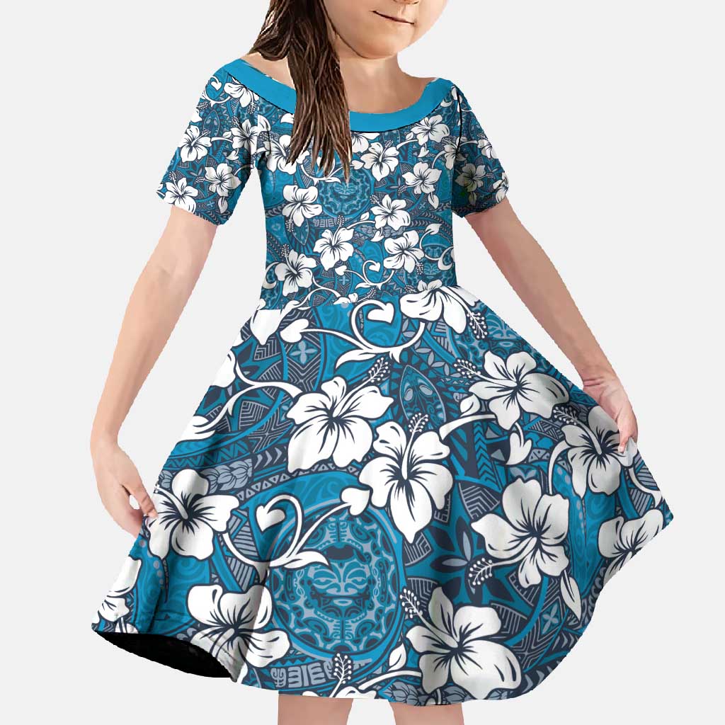 Karakarawa Bula Fiji Family Matching Tank Maxi Dress and Hawaiian Shirt Fijian Tapa Seamless Hibiscus LT14 Daughter's Dress Blue - Polynesian Pride