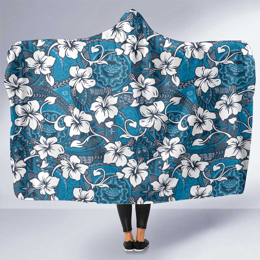 Karakarawa Bula Fiji Hooded Blanket Fijian Tapa Seamless Hibiscus LT14 One Size Blue - Polynesian Pride