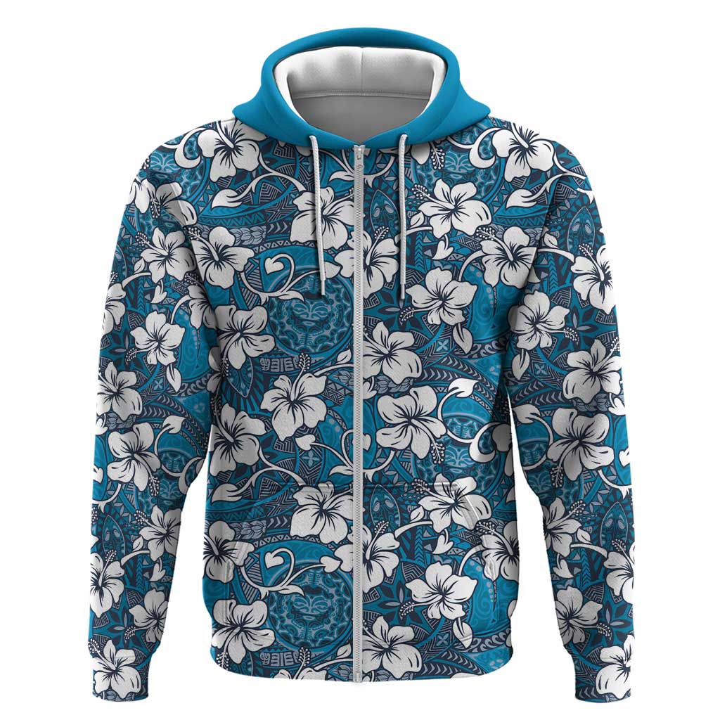 Karakarawa Bula Fiji Hoodie Fijian Tapa Seamless Hibiscus LT14 Zip Hoodie Blue - Polynesian Pride