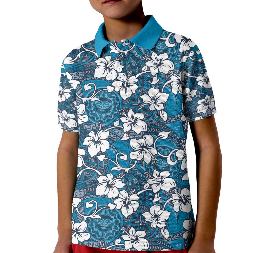 Karakarawa Bula Fiji Kid Polo Shirt Fijian Tapa Seamless Hibiscus LT14 Kid Blue - Polynesian Pride