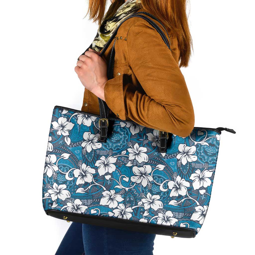 Karakarawa Bula Fiji Leather Tote Bag Fijian Tapa Seamless Hibiscus LT14 Blue - Polynesian Pride