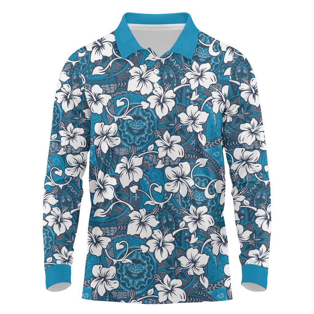Karakarawa Bula Fiji Long Sleeve Polo Shirt Fijian Tapa Seamless Hibiscus LT14 Blue - Polynesian Pride
