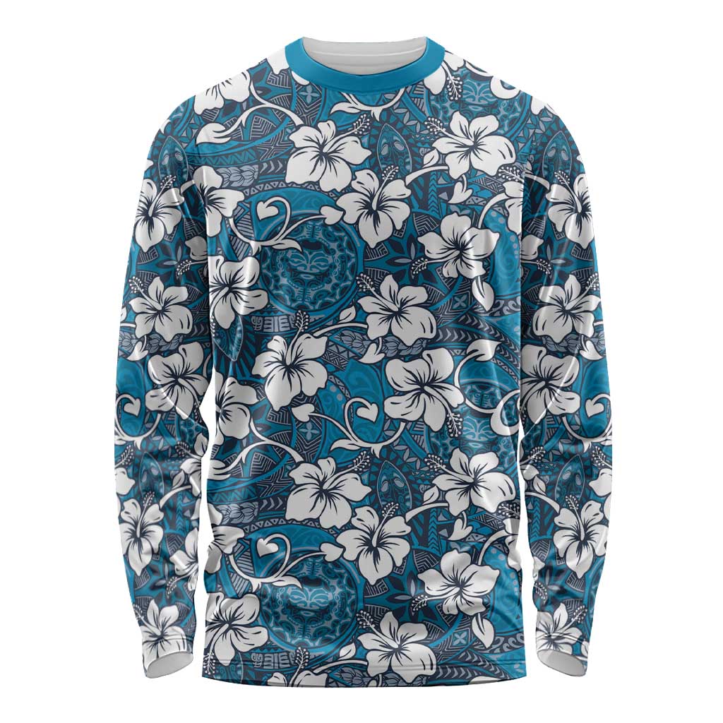 Karakarawa Bula Fiji Long Sleeve Shirt Fijian Tapa Seamless Hibiscus LT14 Unisex Blue - Polynesian Pride