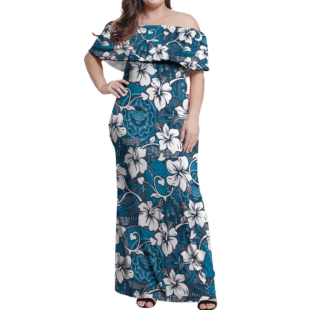 Karakarawa Bula Fiji Off Shoulder Maxi Dress Fijian Tapa Seamless Hibiscus LT14 Women Blue - Polynesian Pride