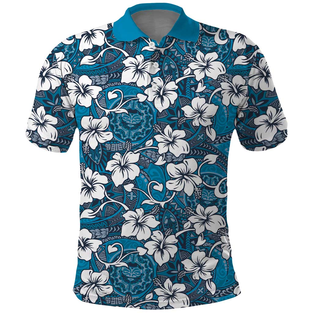 Karakarawa Bula Fiji Polo Shirt Fijian Tapa Seamless Hibiscus LT14 Blue - Polynesian Pride