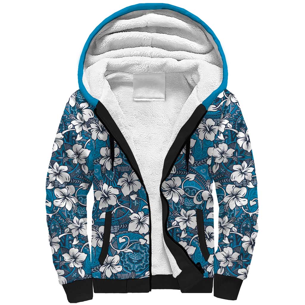 Karakarawa Bula Fiji Sherpa Hoodie Fijian Tapa Seamless Hibiscus LT14 Unisex Blue - Polynesian Pride