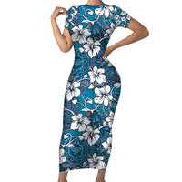 Karakarawa Bula Fiji Short Sleeve Bodycon Dress Fijian Tapa Seamless Hibiscus LT14 Long Dress Blue - Polynesian Pride