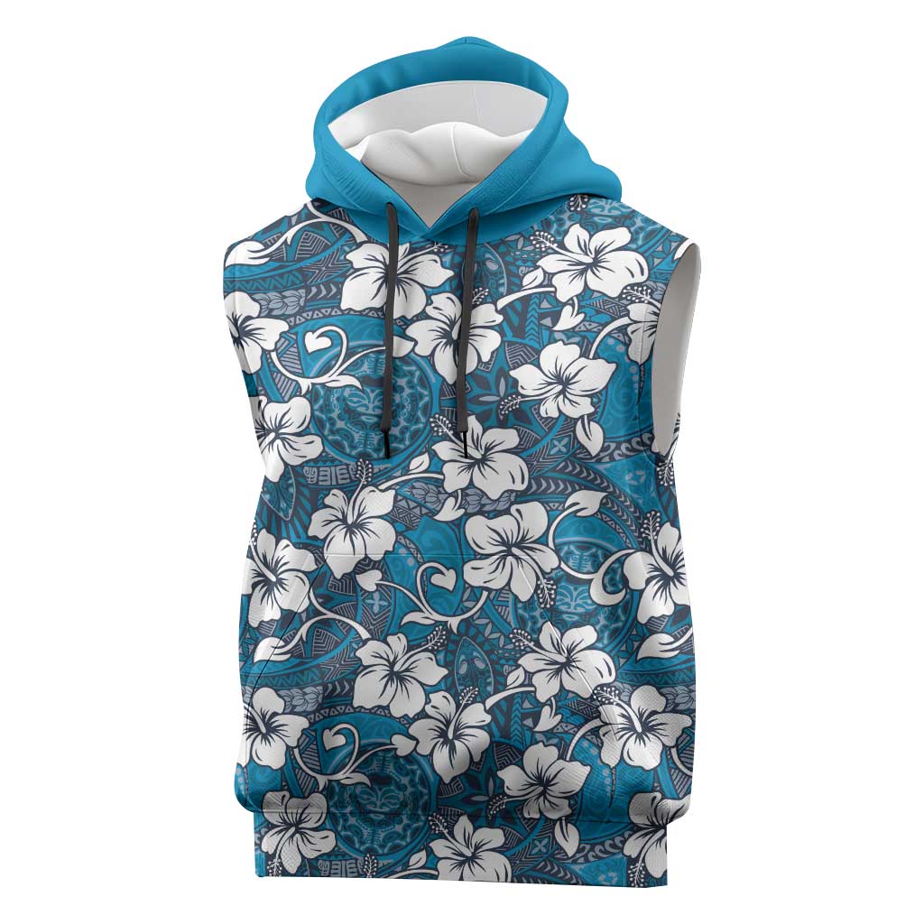 Karakarawa Bula Fiji Sleeveless Hoodie Fijian Tapa Seamless Hibiscus LT14 Blue - Polynesian Pride