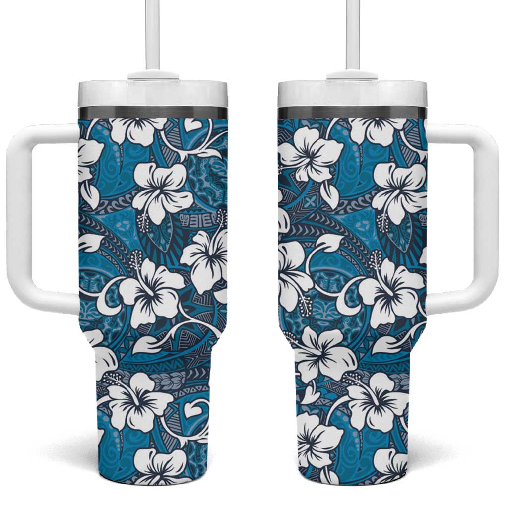 Karakarawa Bula Fiji Tumbler With Handle Fijian Tapa Seamless Hibiscus LT14 One Size: 40 oz Blue - Polynesian Pride