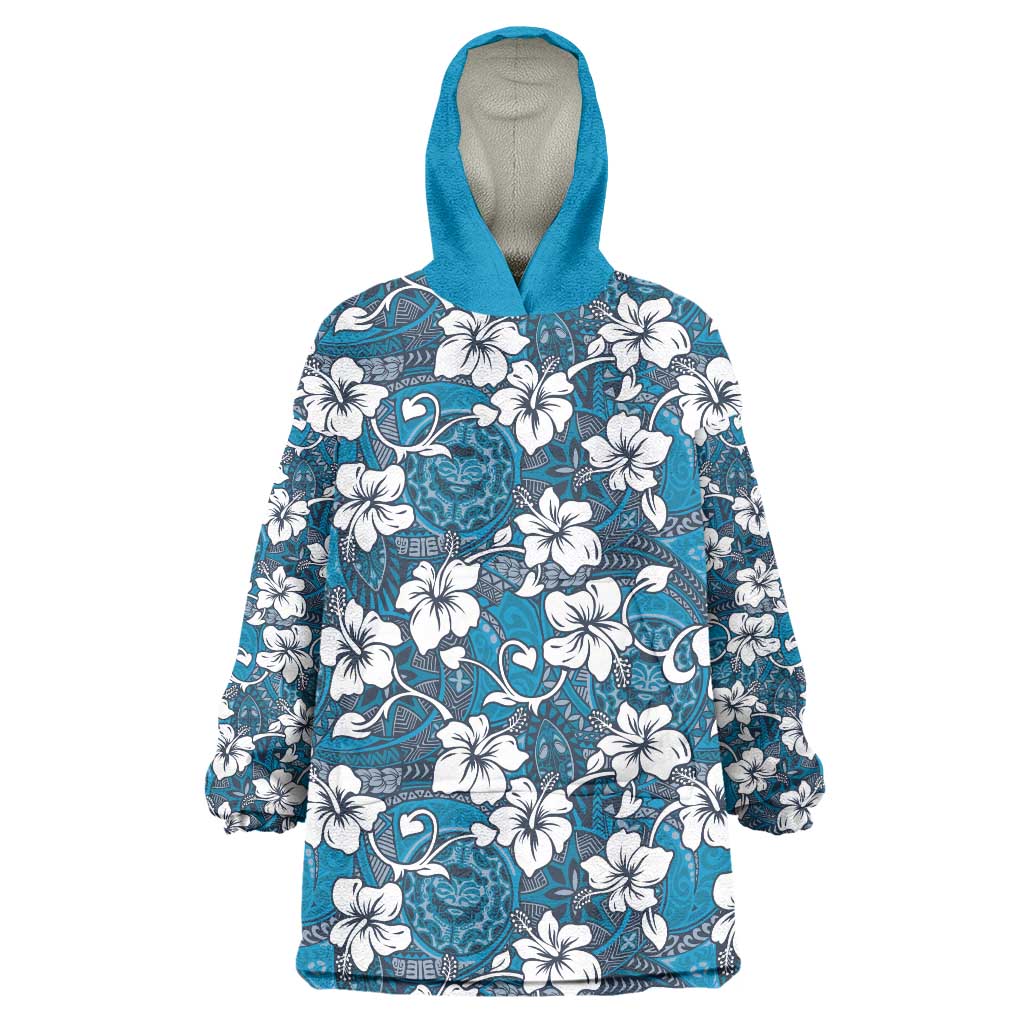 Karakarawa Bula Fiji Wearable Blanket Hoodie Fijian Tapa Seamless Hibiscus LT14 One Size Blue - Polynesian Pride