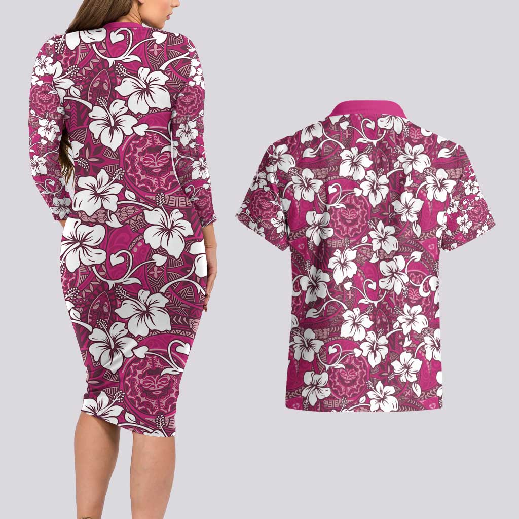 Piqi Bula Fiji Couples Matching Long Sleeve Bodycon Dress and Hawaiian Shirt Fijian Tapa Seamless Hibiscus LT14 - Polynesian Pride
