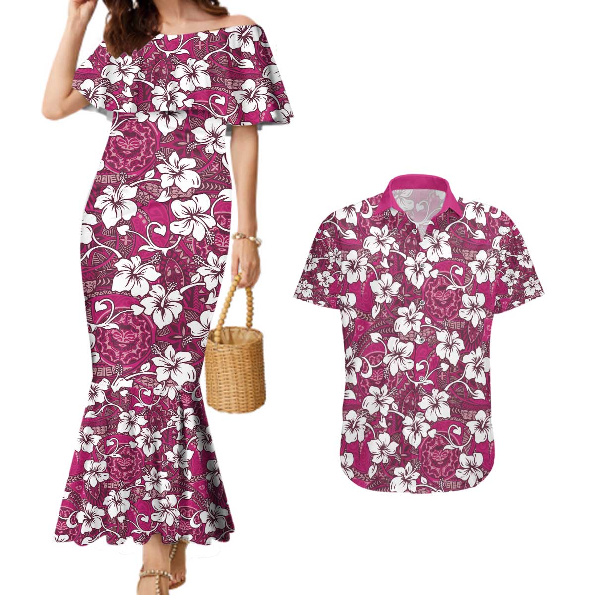 Piqi Bula Fiji Couples Matching Mermaid Dress and Hawaiian Shirt Fijian Tapa Seamless Hibiscus - Polynesian Pride