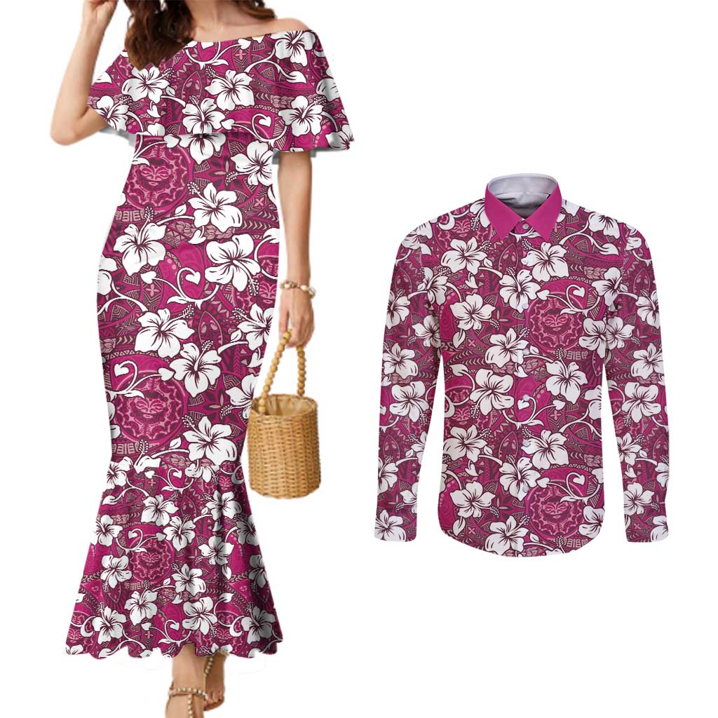 Piqi Bula Fiji Couples Matching Mermaid Dress and Long Sleeve Button Shirt Fijian Tapa Seamless Hibiscus LT14 Pink - Polynesian Pride