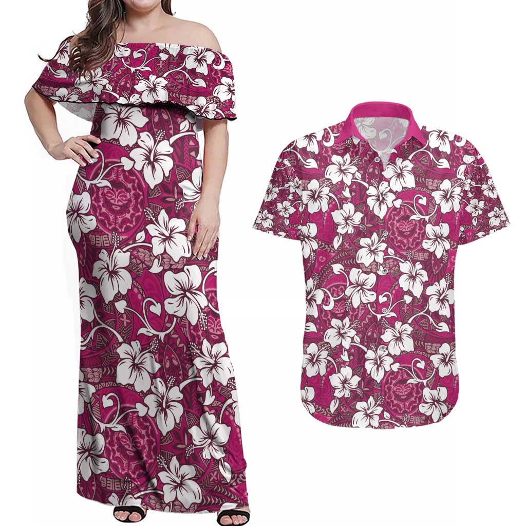 Piqi Bula Fiji Couples Matching Off Shoulder Maxi Dress and Hawaiian Shirt Fijian Tapa Seamless Hibiscus LT14 Pink - Polynesian Pride