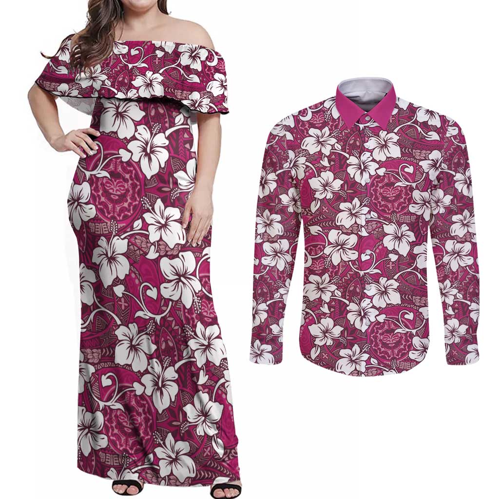 Piqi Bula Fiji Couples Matching Off Shoulder Maxi Dress and Long Sleeve Button Shirt Fijian Tapa Seamless Hibiscus - Polynesian Pride