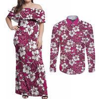 Piqi Bula Fiji Couples Matching Off Shoulder Maxi Dress and Long Sleeve Button Shirt Fijian Tapa Seamless Hibiscus LT14 Pink - Polynesian Pride